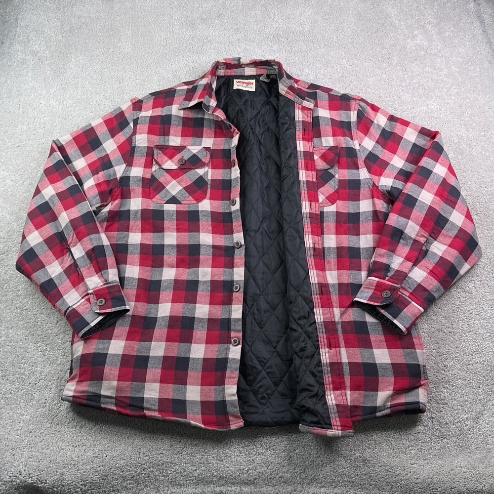 Wrangler Shirt Jacket Mens XL Red Plaid Quilted Lined Flannel Chore Shacket